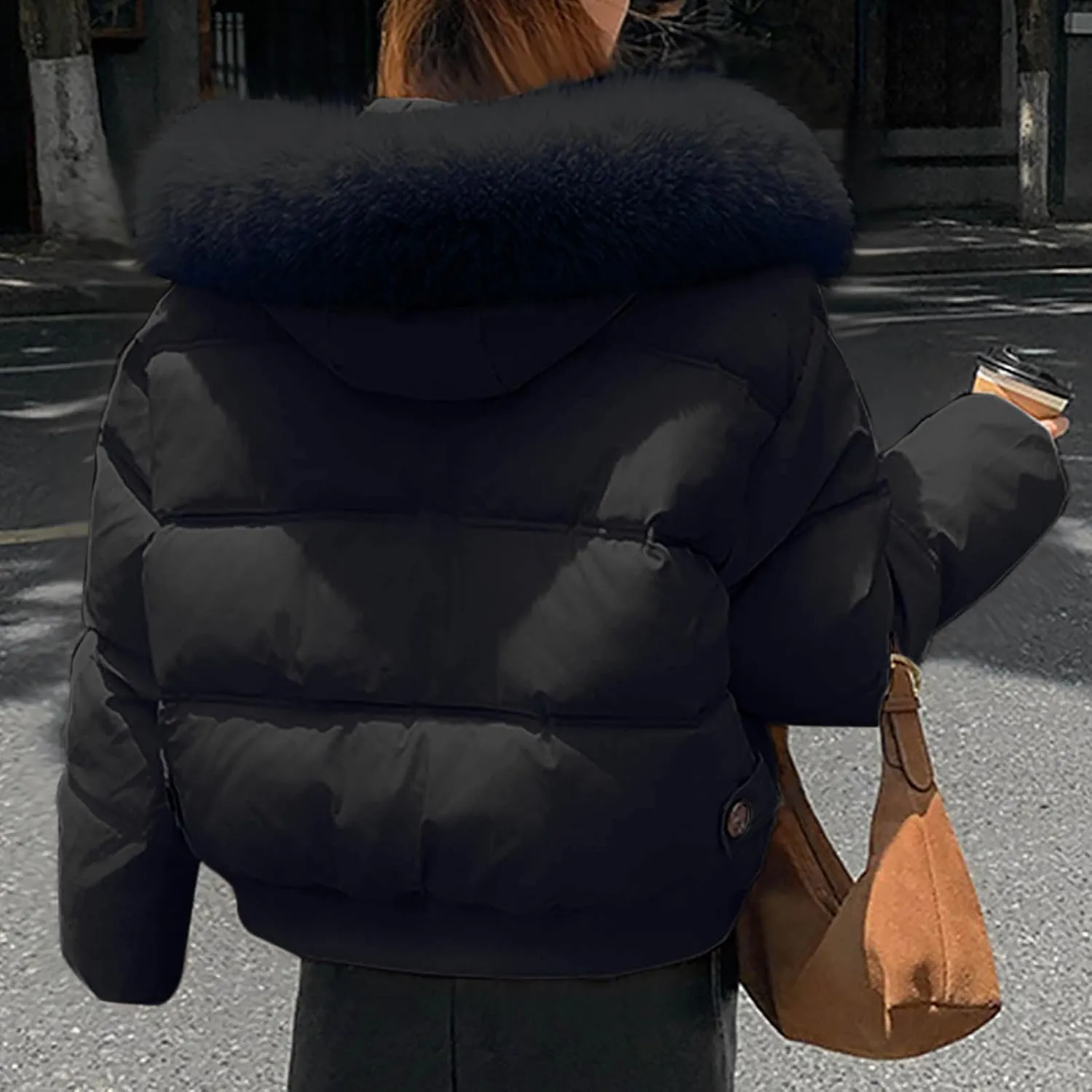 Women's Cropped Winter Coats Thickened Down Coats with Faux Fur Trim Hooded Puffer Jackets Windproof Snow Bubble Coat