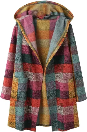 Women's hooded Plaid Cardigans Oversized Open Front Wool Blend Sweater Coat Winter Tartan Trench Coat With Pockets