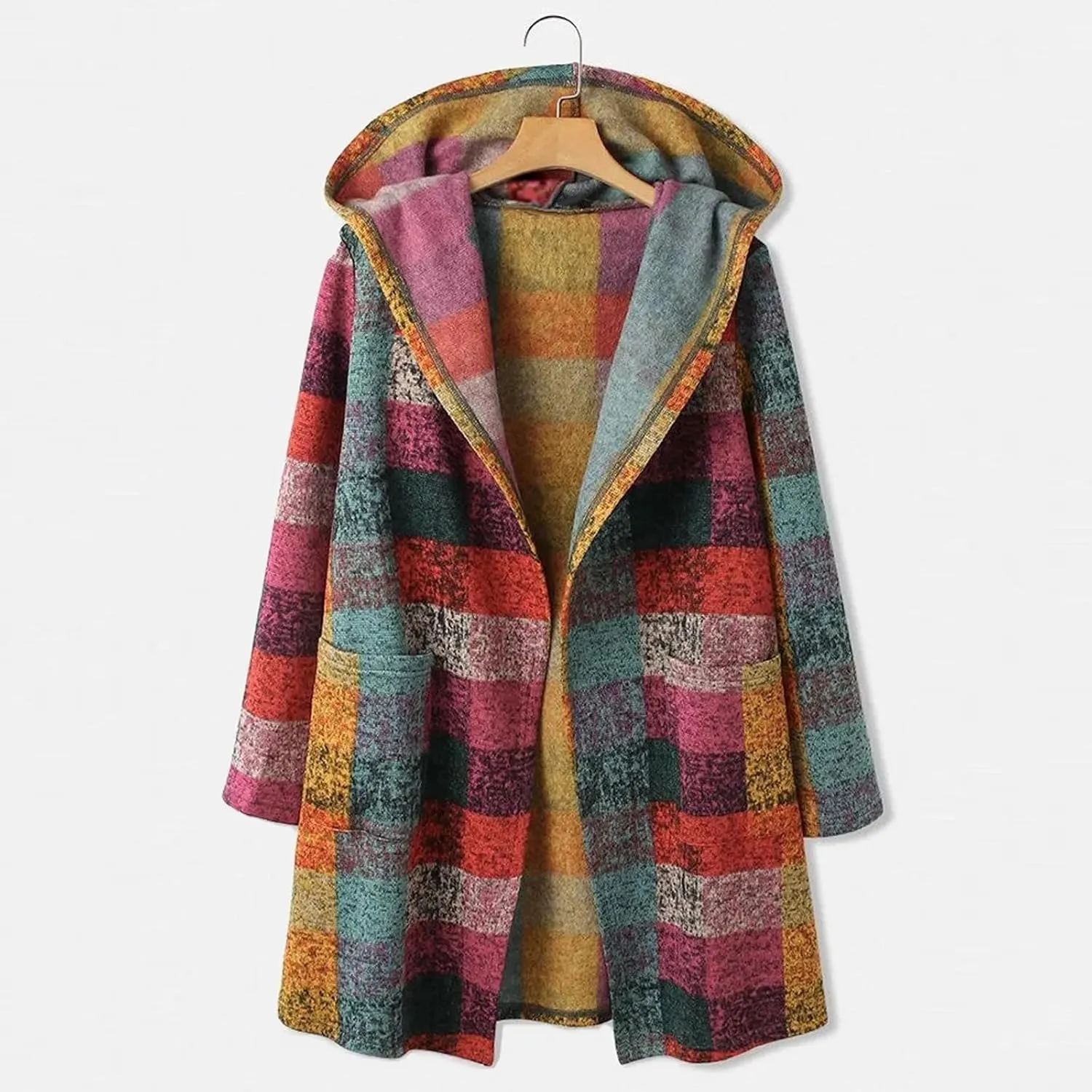 Women's hooded Plaid Cardigans Oversized Open Front Wool Blend Sweater Coat Winter Tartan Trench Coat With Pockets