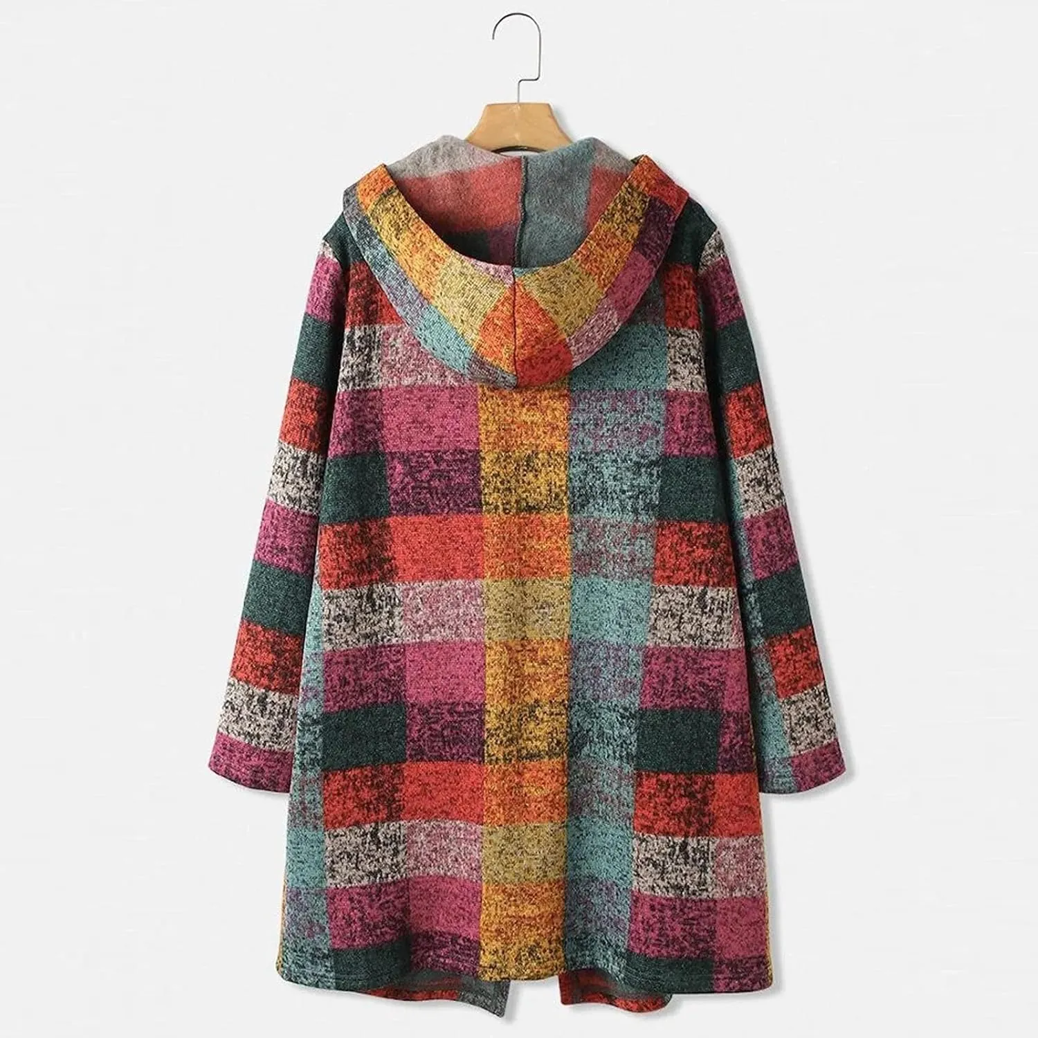 Women's hooded Plaid Cardigans Oversized Open Front Wool Blend Sweater Coat Winter Tartan Trench Coat With Pockets
