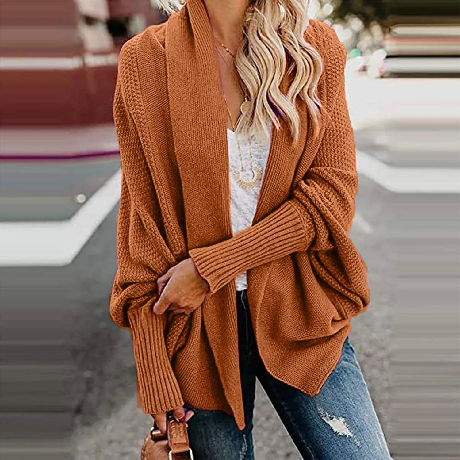 Womens Kimono Batwing Cable Knitted Slouchy Oversized Wrap Cardigan Sweaters Trendy Casual Duster Lightweight Cardigan