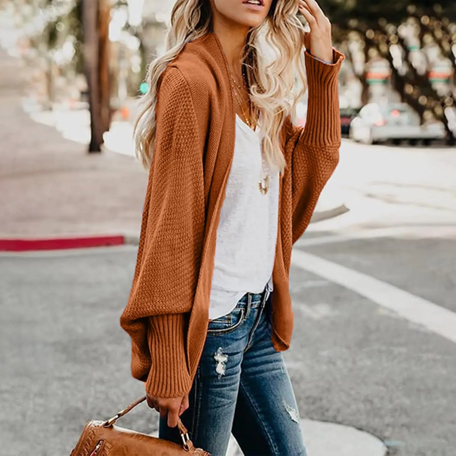 Womens Kimono Batwing Cable Knitted Slouchy Oversized Wrap Cardigan Sweaters Trendy Casual Duster Lightweight Cardigan
