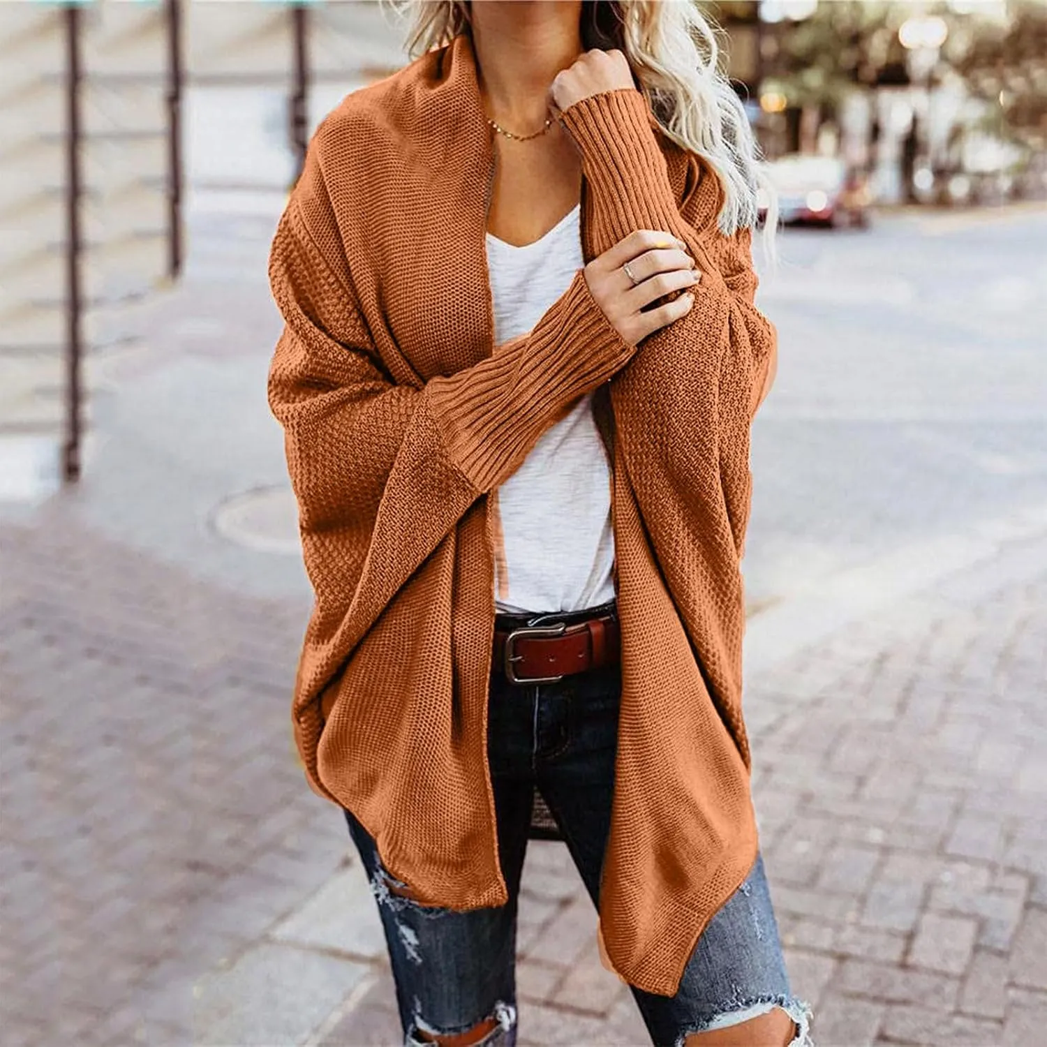 Womens Kimono Batwing Cable Knitted Slouchy Oversized Wrap Cardigan Sweaters Trendy Casual Duster Lightweight Cardigan