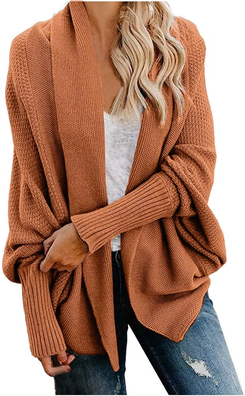 Womens Kimono Batwing Cable Knitted Slouchy Oversized Wrap Cardigan Sweaters Trendy Casual Duster Lightweight Cardigan