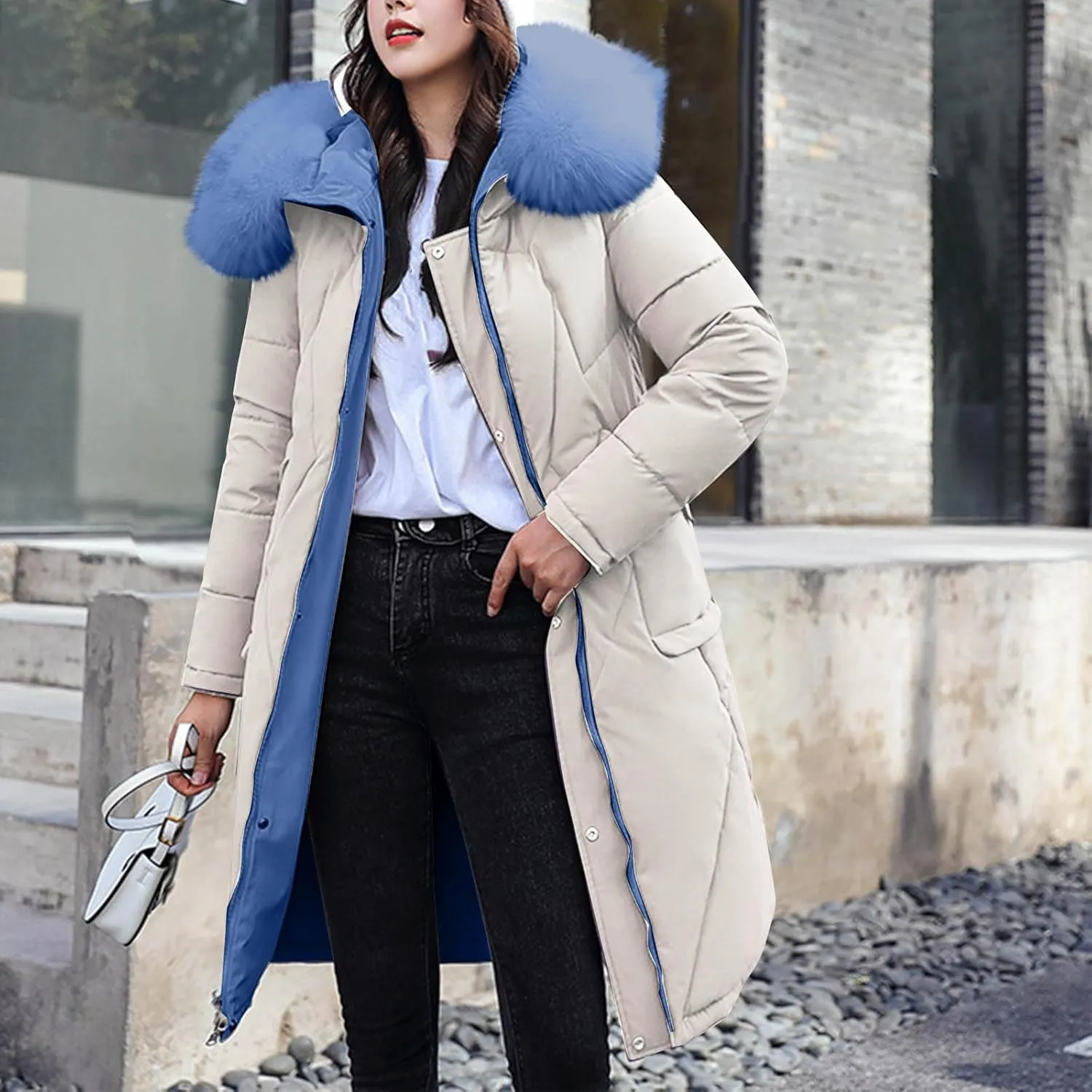 Women's Long Winter Coats Faux Fur Hooded Parkas Down Jackets Full Zip Windbreaker Puffer Coats Snow Warm Overcoat