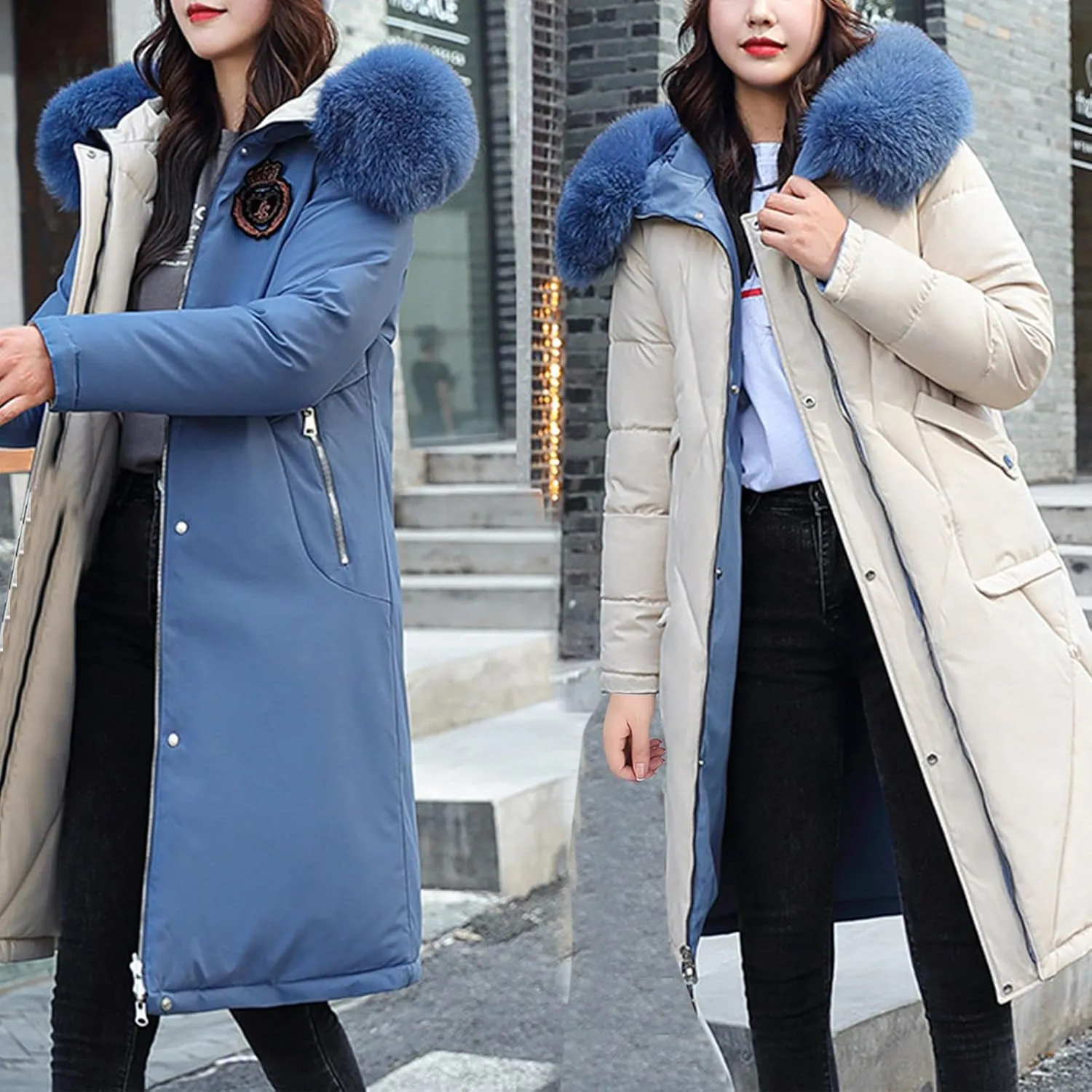 Women's Long Winter Coats Faux Fur Hooded Parkas Down Jackets Full Zip Windbreaker Puffer Coats Snow Warm Overcoat