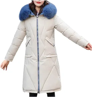Women's Long Winter Coats Faux Fur Hooded Parkas Down Jackets Full Zip Windbreaker Puffer Coats Snow Warm Overcoat