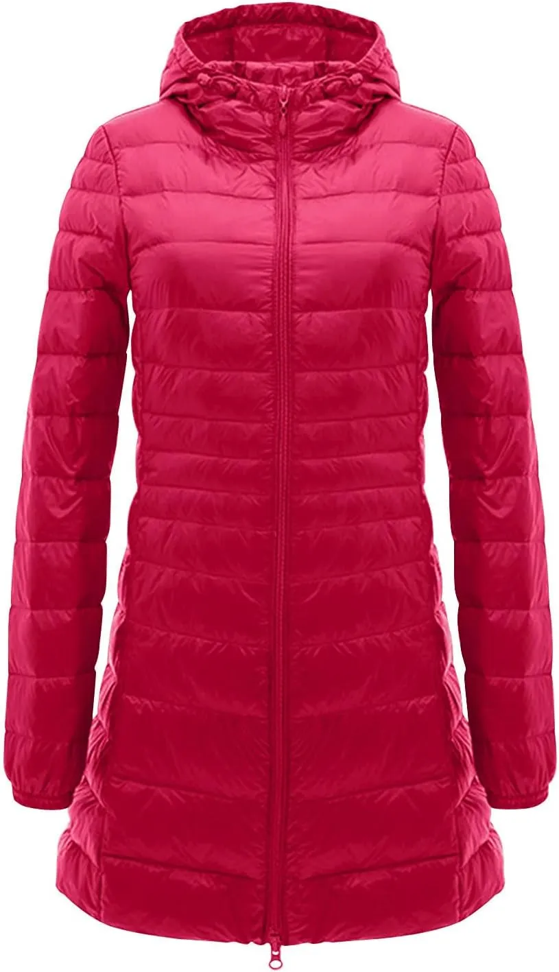 Womens Packable Puffer Jacket Winter Warm Lightweight Down Coat Zip Up Windproof Oversized Long Outerwear with Hood