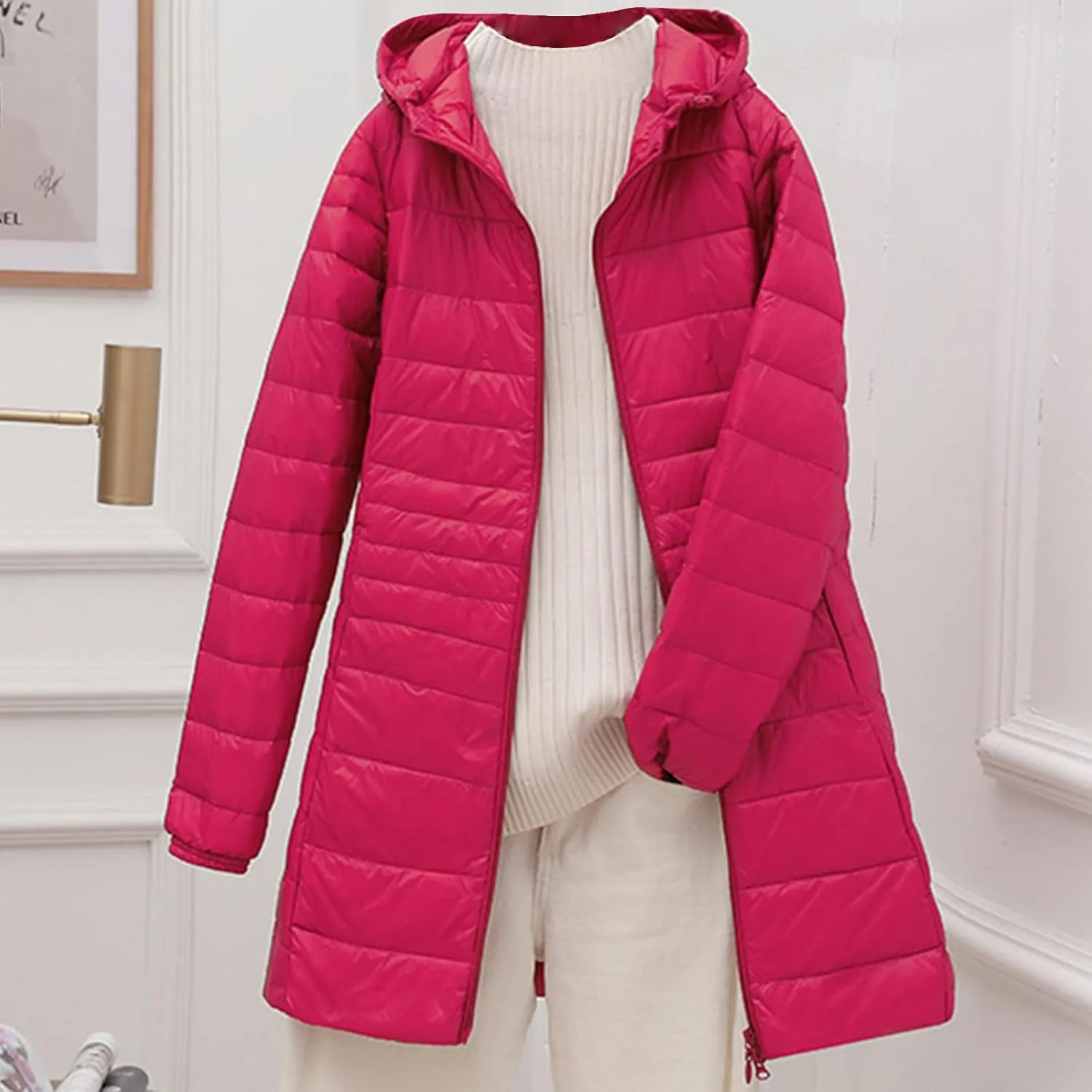 Womens Packable Puffer Jacket Winter Warm Lightweight Down Coat Zip Up Windproof Oversized Long Outerwear with Hood