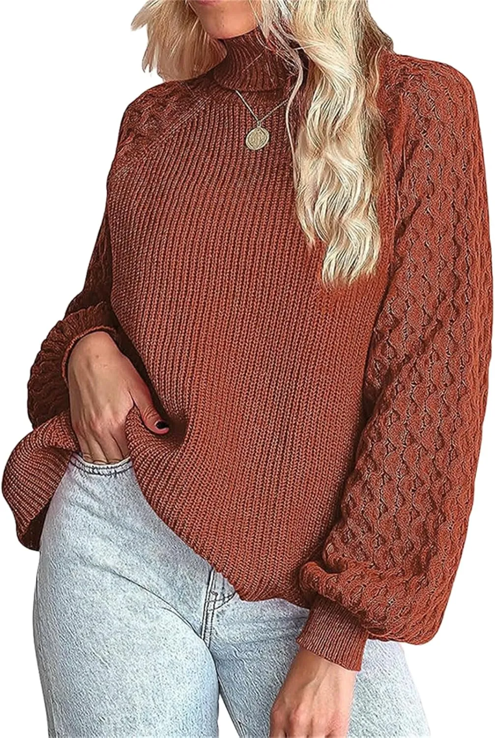 Women's Turtleneck Ribbed Cable Knit Pullover Sweaters Lantern Sleeve Oversized Solid Sweatshirt Warm Casual Tops