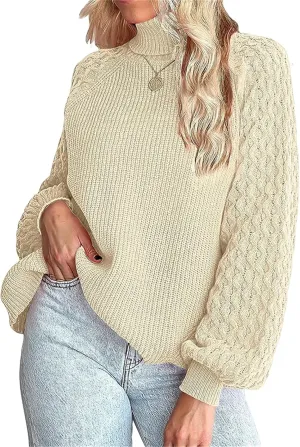 Women's Turtleneck Ribbed Cable Knit Pullover Sweaters Lantern Sleeve Oversized Solid Sweatshirt Warm Casual Tops