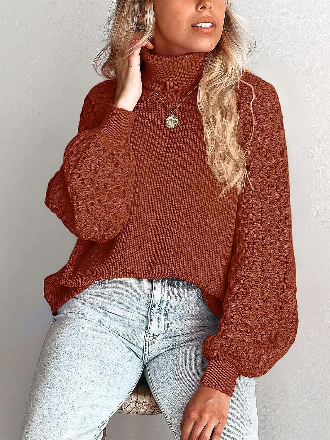 Women's Turtleneck Ribbed Cable Knit Pullover Sweaters Lantern Sleeve Oversized Solid Sweatshirt Warm Casual Tops