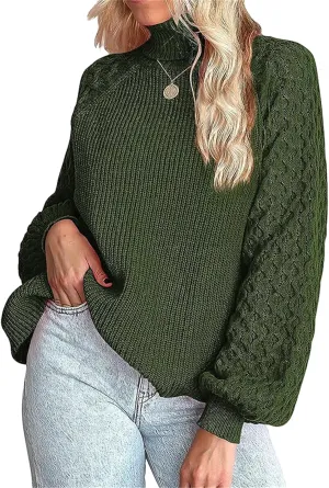 Women's Turtleneck Ribbed Cable Knit Pullover Sweaters Lantern Sleeve Oversized Solid Sweatshirt Warm Casual Tops
