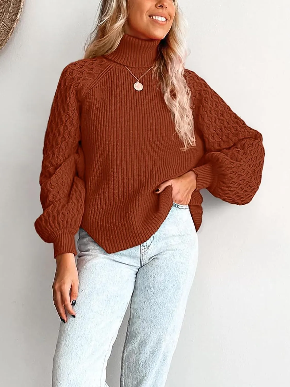 Women's Turtleneck Ribbed Cable Knit Pullover Sweaters Lantern Sleeve Oversized Solid Sweatshirt Warm Casual Tops