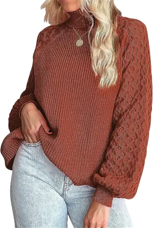 Women's Turtleneck Ribbed Cable Knit Pullover Sweaters Lantern Sleeve Oversized Solid Sweatshirt Warm Casual Tops