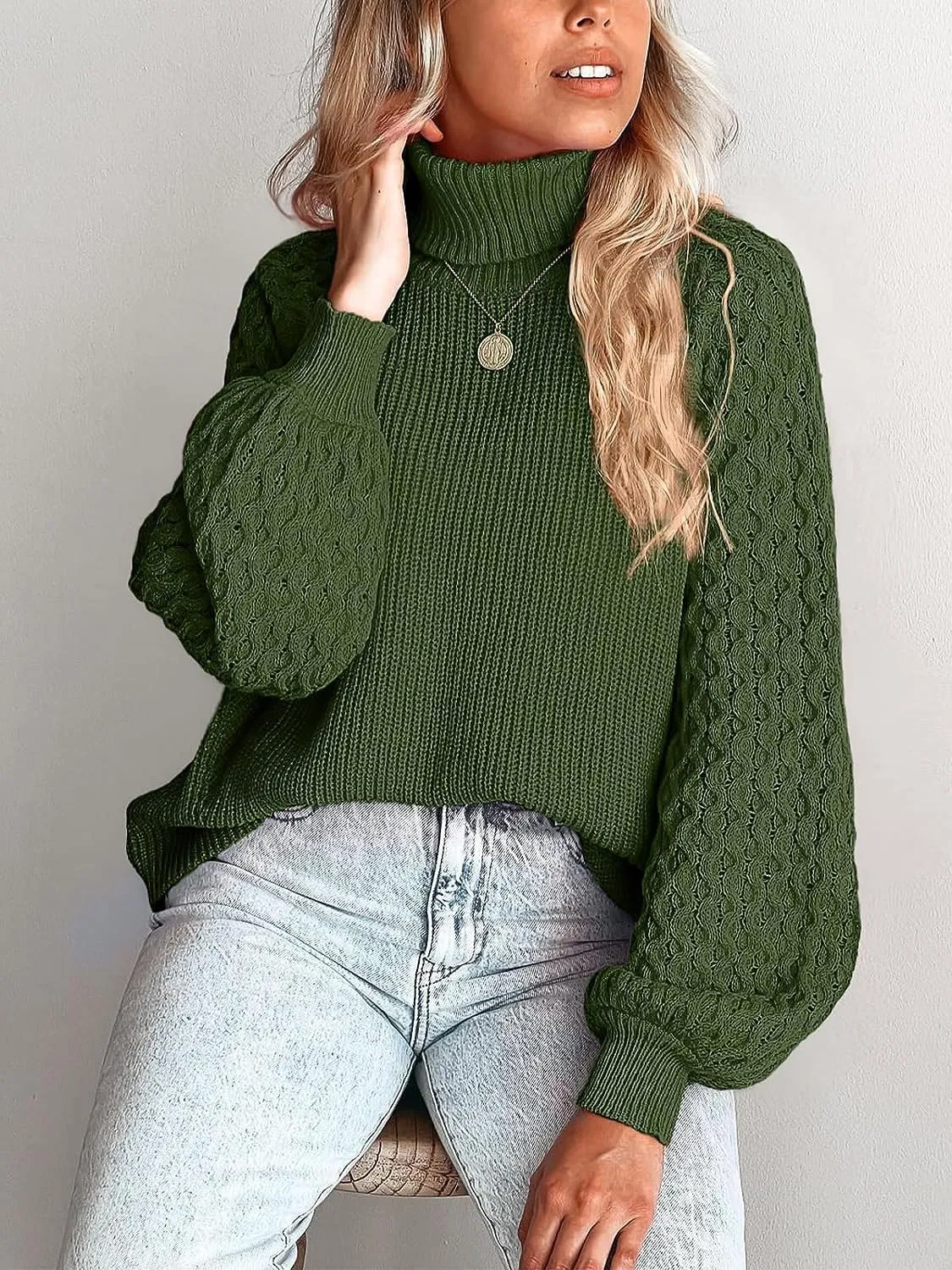 Women's Turtleneck Ribbed Cable Knit Pullover Sweaters Lantern Sleeve Oversized Solid Sweatshirt Warm Casual Tops
