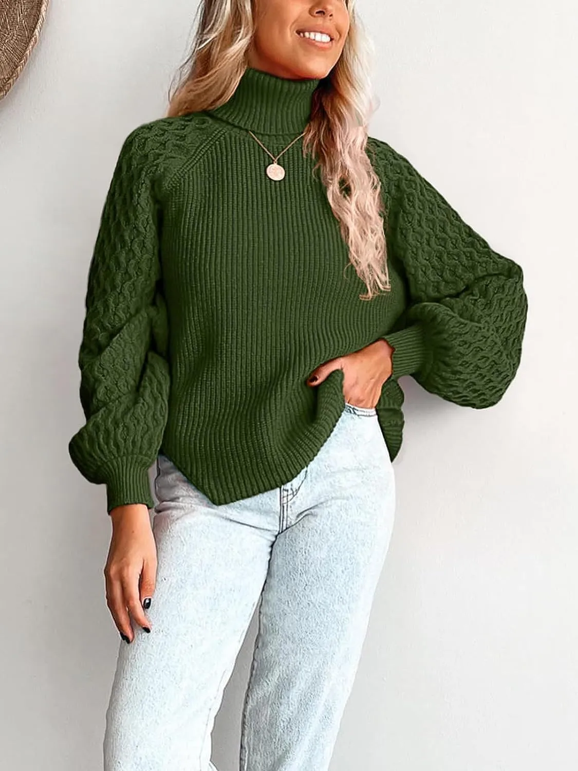 Women's Turtleneck Ribbed Cable Knit Pullover Sweaters Lantern Sleeve Oversized Solid Sweatshirt Warm Casual Tops