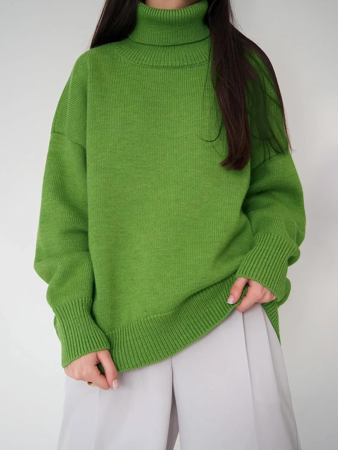Women's Turtleneck Sweater Pure Color Long Sleeve Oversized Sweaters Loose fit Chunky Knit Sweaters Ribbed Fall Sweater