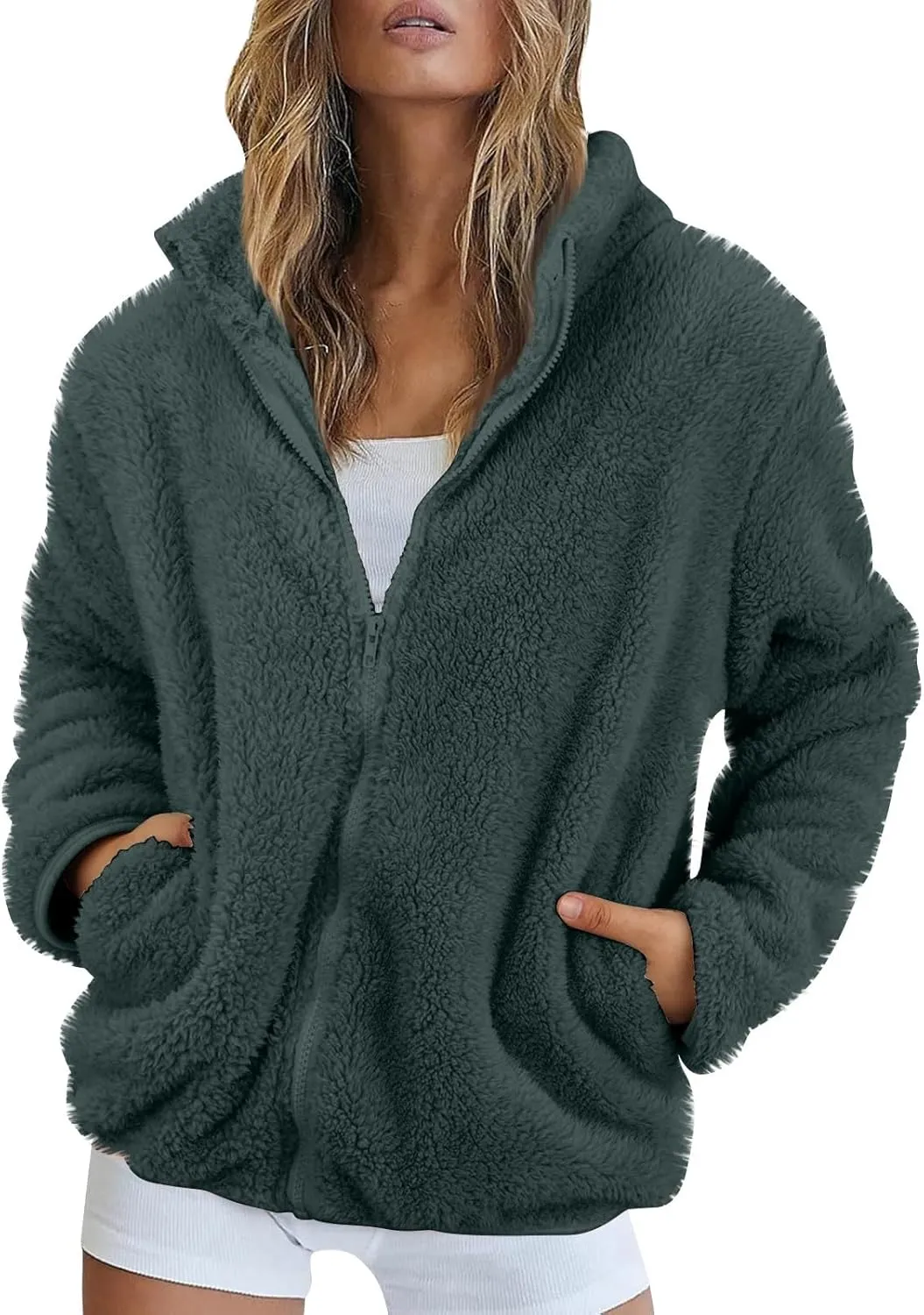 Women's Winter Fleece Sweatshirt Jacket Full Zip Sherpa Fur Hooded Jacket Lightweight Shaggy Teddy Coat Outerwear