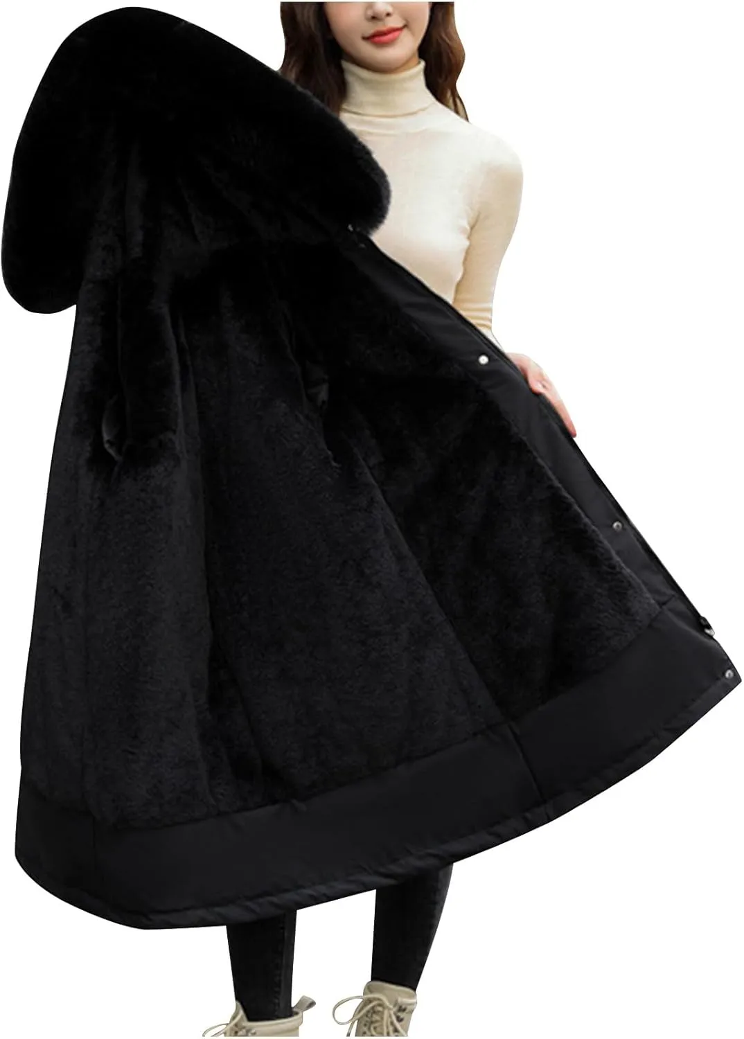 Women's Winter Quilted Coat Thick Warm Puffer Jacket Padded Down Coats With Fur Hood Knee Length Windproof Outerwear