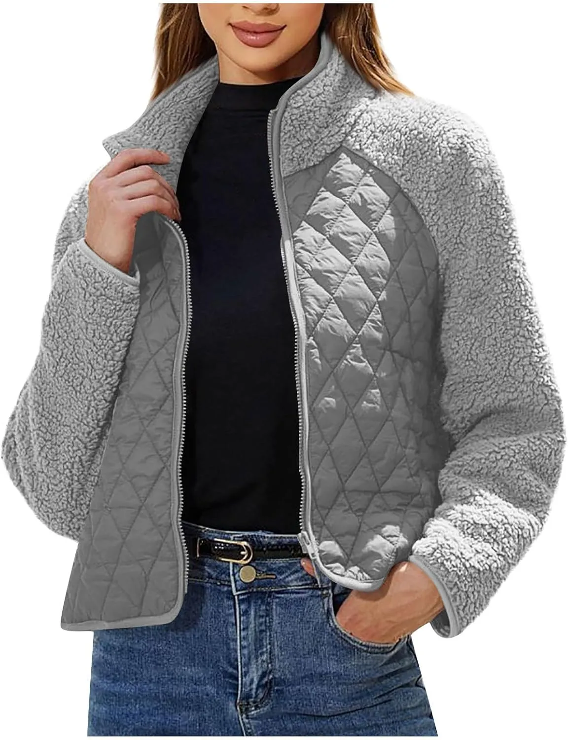 Womens Winter Trendy Full Zipper Fleece Jackets Long Sleeve Relaxed Warm Coats Fleece Coat Button Down Casual Jacket